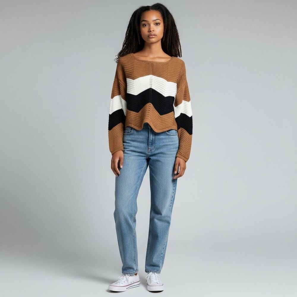 NWT no Comment long Sleeve lace Up Back Brown Black White Striped Sweater size L
